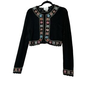 Just B Cardigan Women Medium Black Floral Embellished Cropped Sweater Boho Bling